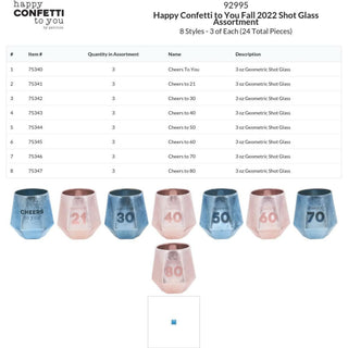 Happy Confetti to You Fall 2022 Shot Glass Assortment 24pcs, 8 styles/3 each