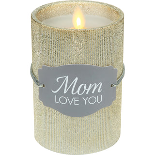 Mom 4.75" Gold Glitter Realistic Flame Candle