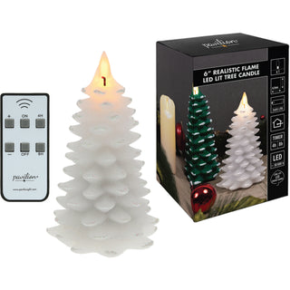 White Frosted Pine Tree 6" Realistic Flame LED Lit Candle