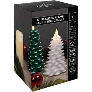 White Frosted Pine Tree 6" Realistic Flame LED Lit Candle